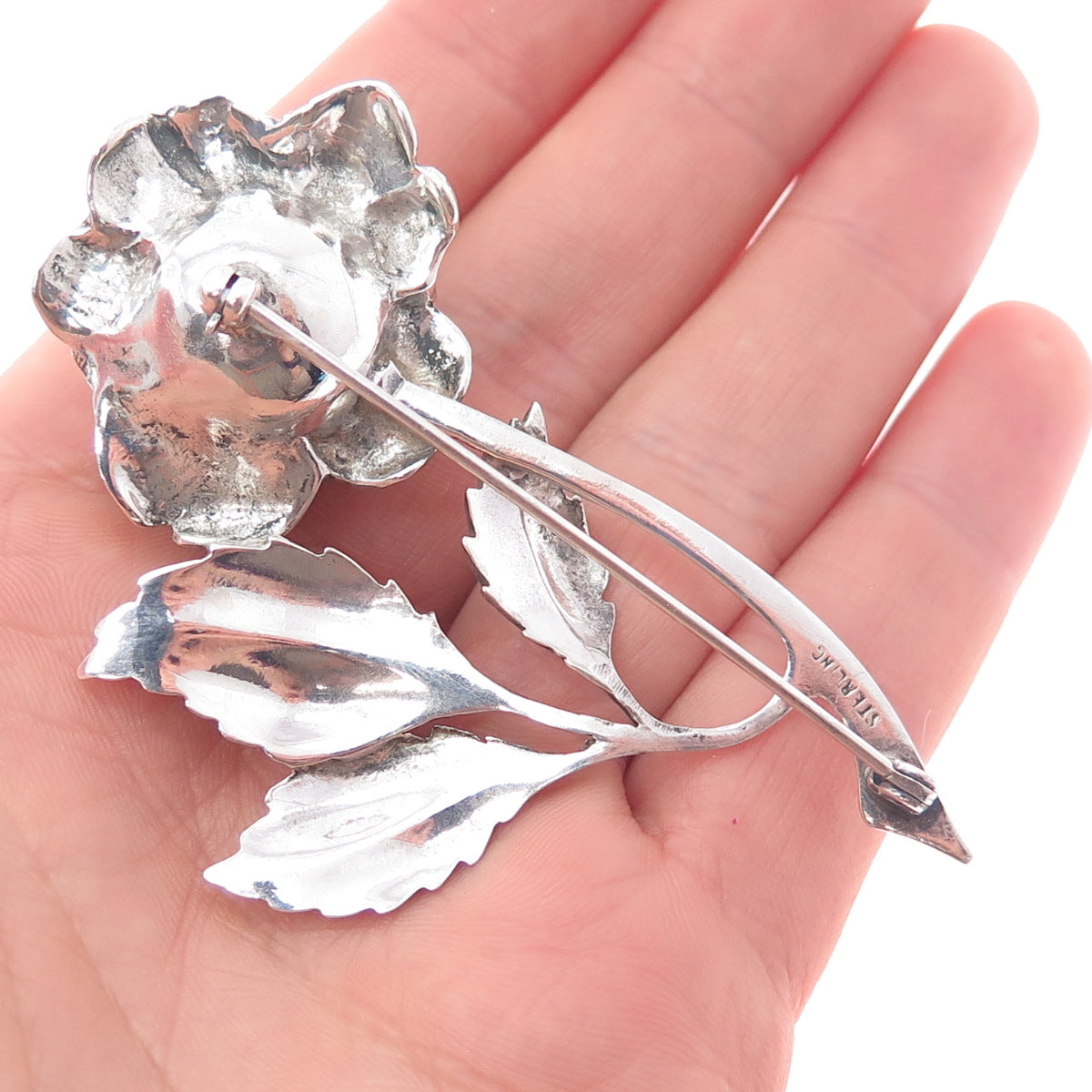 925 Sterling Silver Antique Art Deco Rose Flower Oxidized Pin Brooch