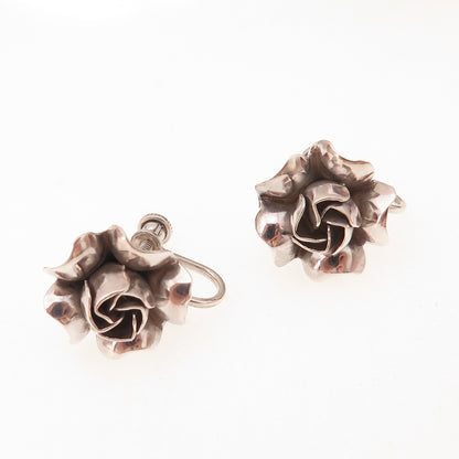 925 Sterling Silver Antique Art Deco Rose Flower Oxidized Screw Back Earrings