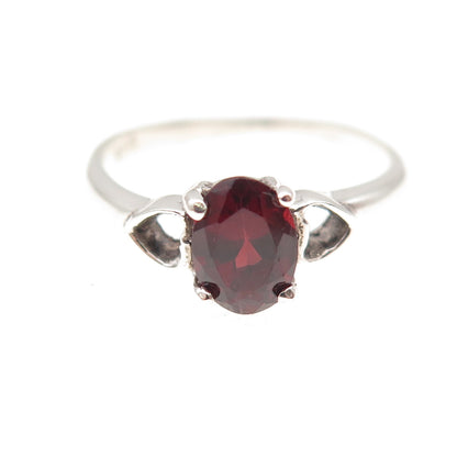 925 Sterling Silver Vintage Real Oval-Cut Red Garnet Heart Ring Size 6.25