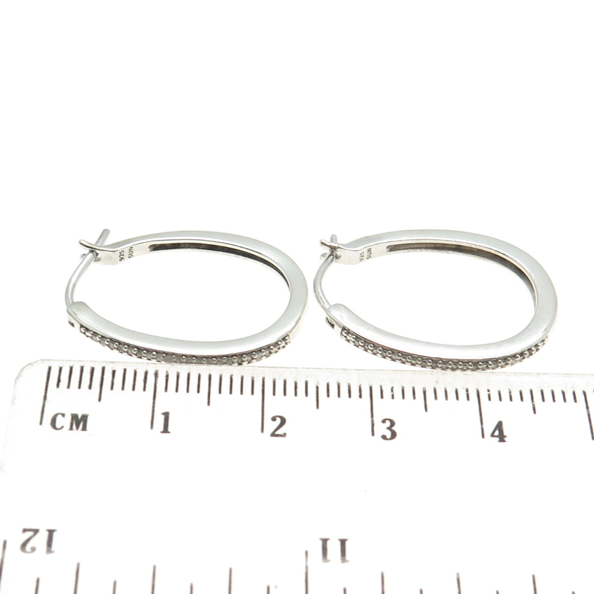 SUN 925 Sterling Silver Real Round-Cut Diamond Oval Hoop Earrings