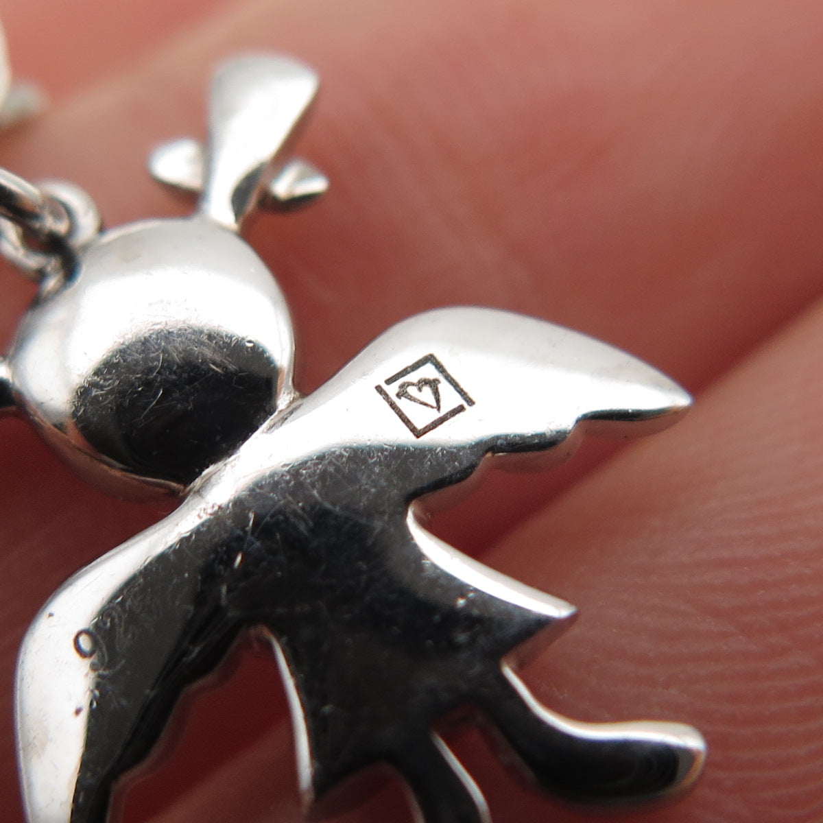 925 Sterling Silver Pink Enamel Angel Heart Lobster Lock Mini Charm Pendant