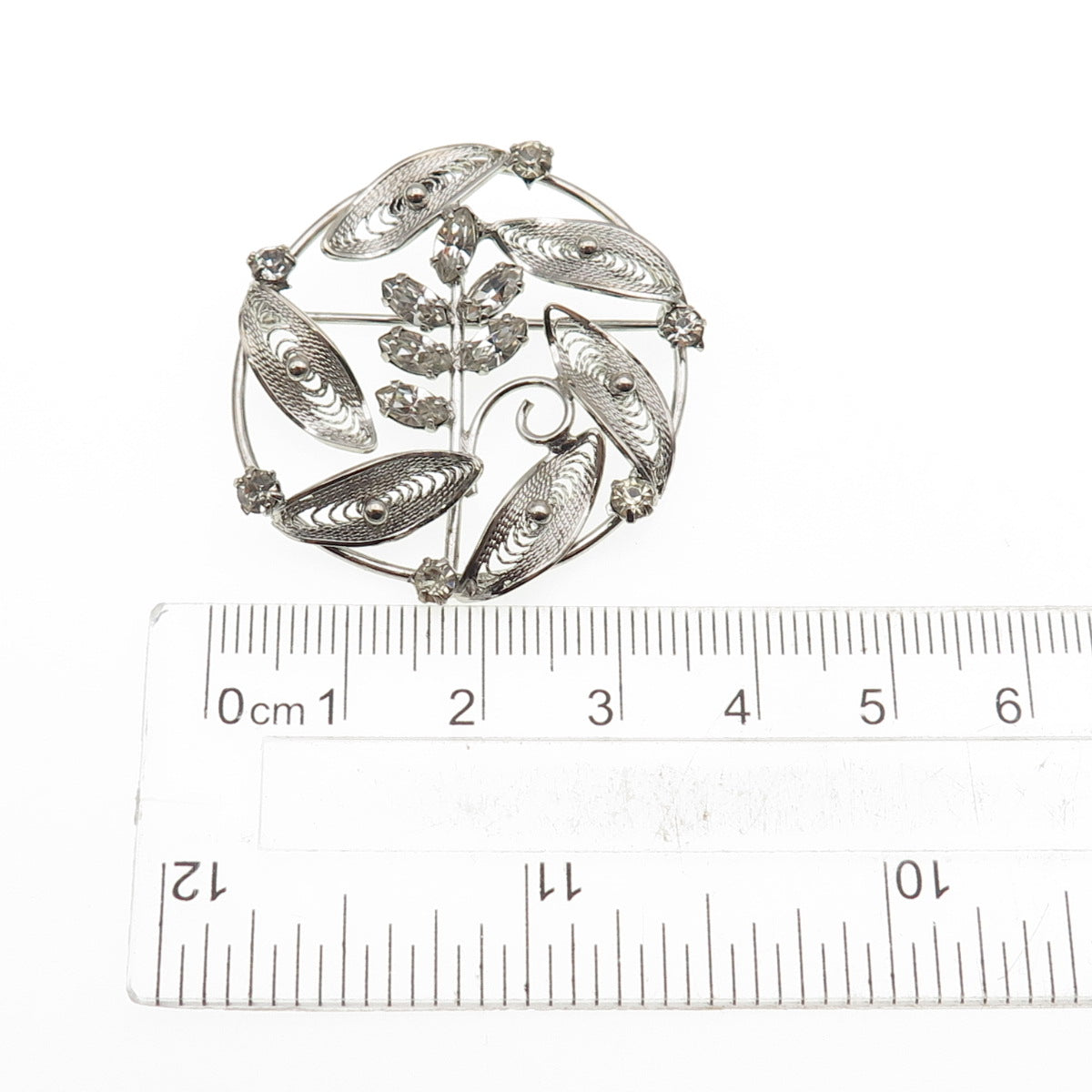 RO-MAN 925 Sterling Silver Vintage Rhinestone Floral Filigree Pin Brooch
