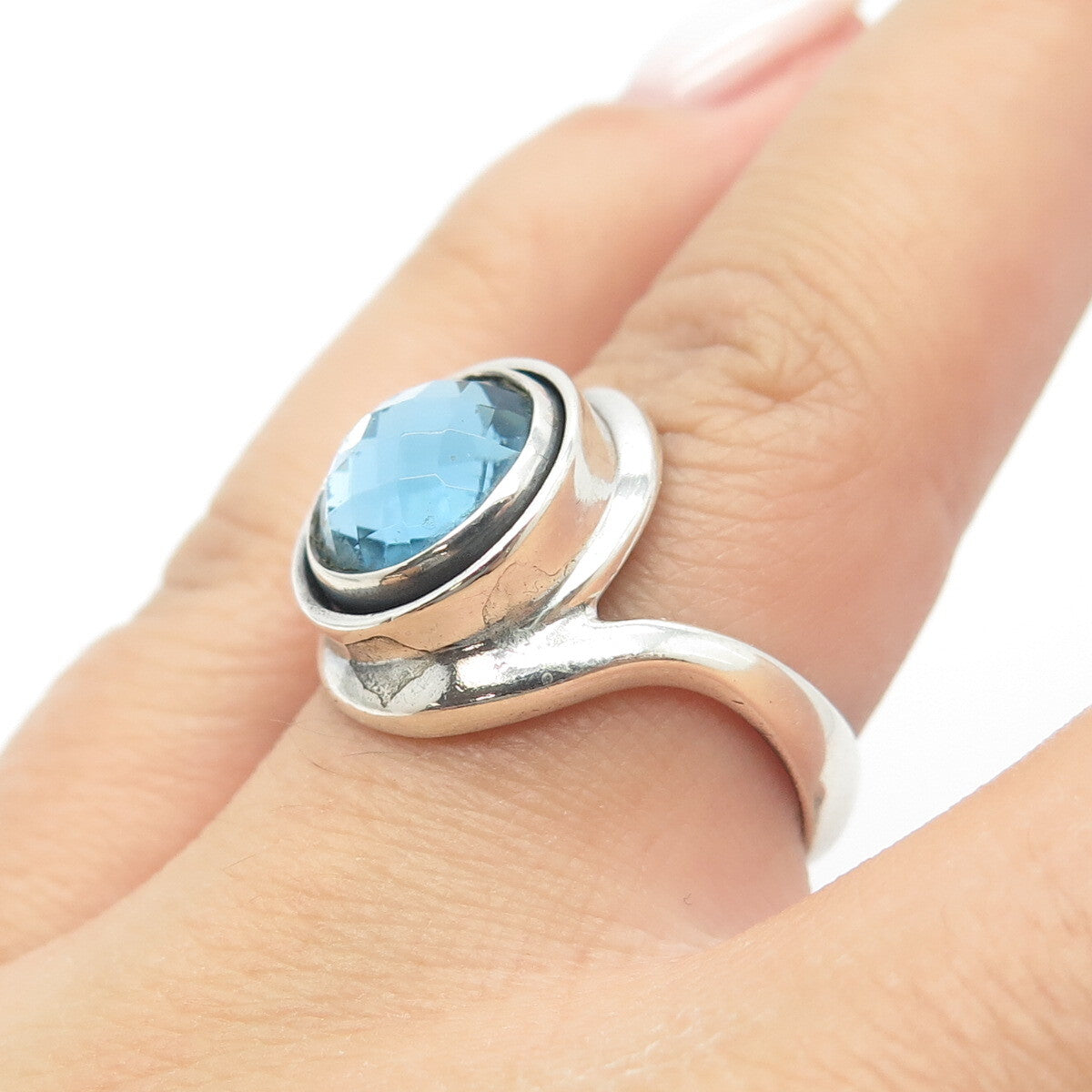 925 Sterling Silver Vintage Blue Glass Ring Size 7.25