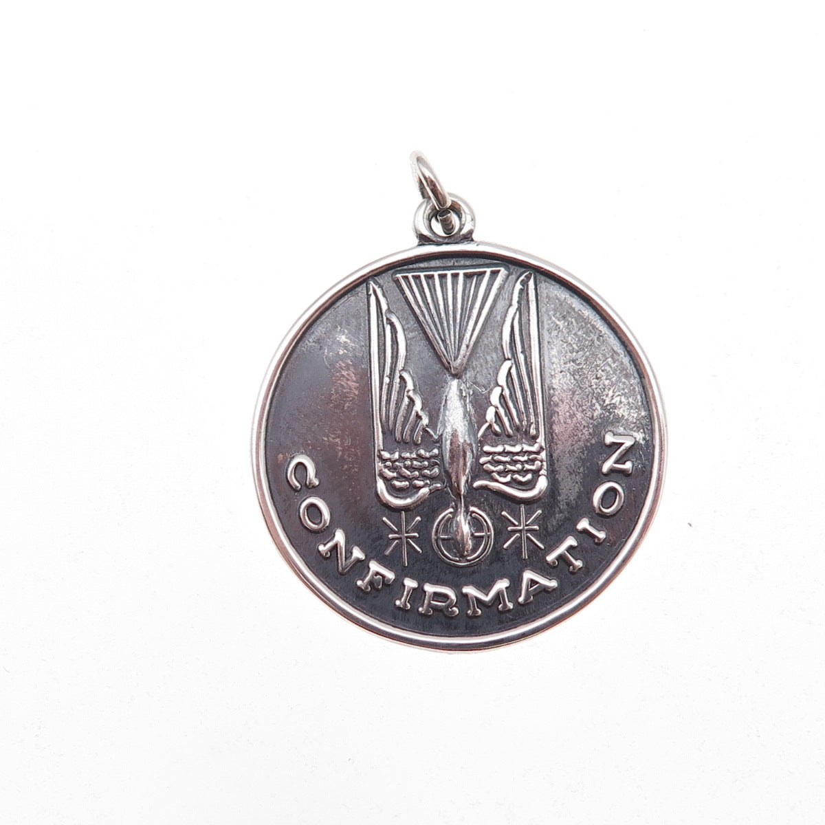 925 Sterling Silver Vintage Confirmation Religious Oxidized Charm Pendant