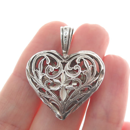925 Sterling Silver Vintage Diamond-Cut Ornate Floral Heart Pendant