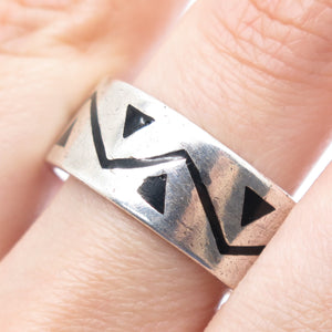 925 Sterling Silver Vintage Mexico Enamel Zig Zag Oxidized Band Ring Size 12.75