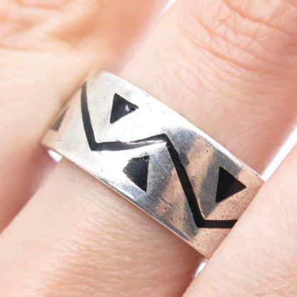 925 Sterling Silver Vintage Mexico Enamel Zig Zag Oxidized Band Ring Size 12.75