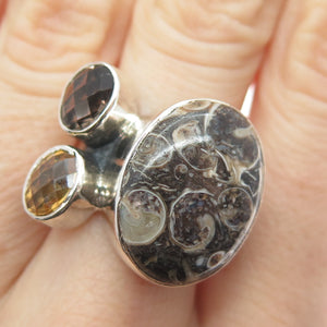 ARYA 925 Sterling Silver Vintage Real Fossil Smoky Quartz & Citrine Ring Size 10