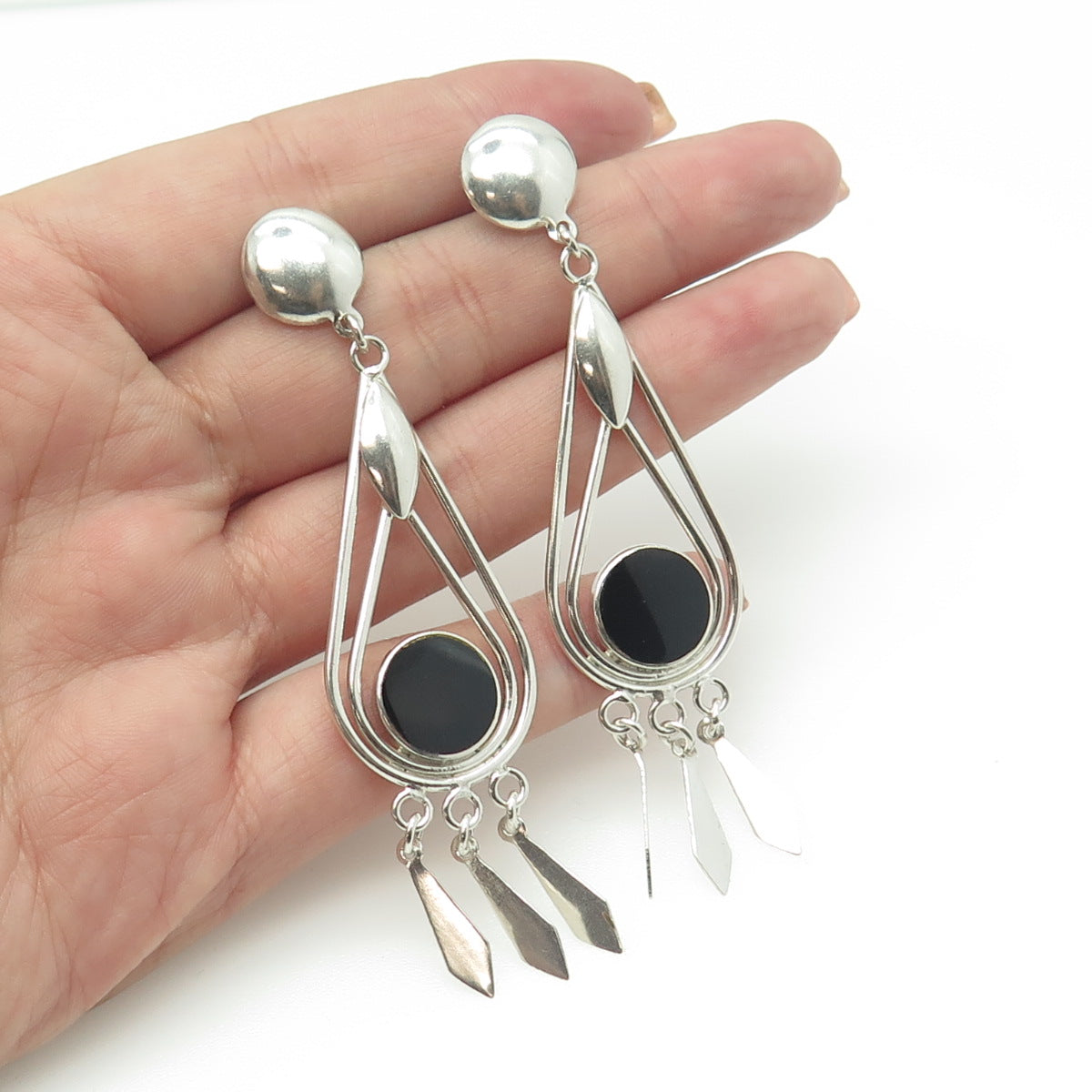 925 Sterling Silver Vintage Real Black Onyx Dangling Earrings