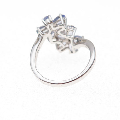 925 Sterling Silver Real Diamond & Tanzanite Floral Ring Size 8