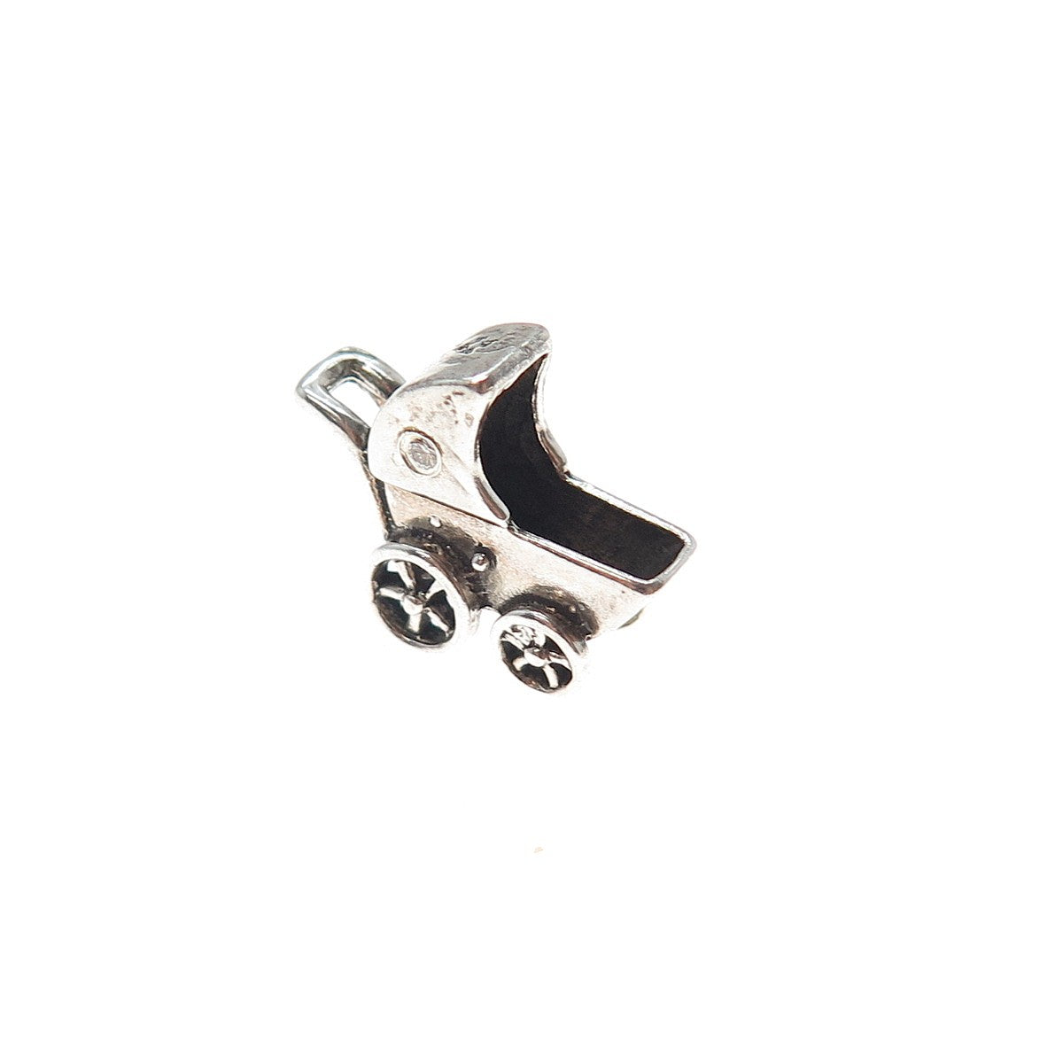 925 Sterling Silver Vintage Real Diamond Baby Stroller Mini 3D Charm Pendant