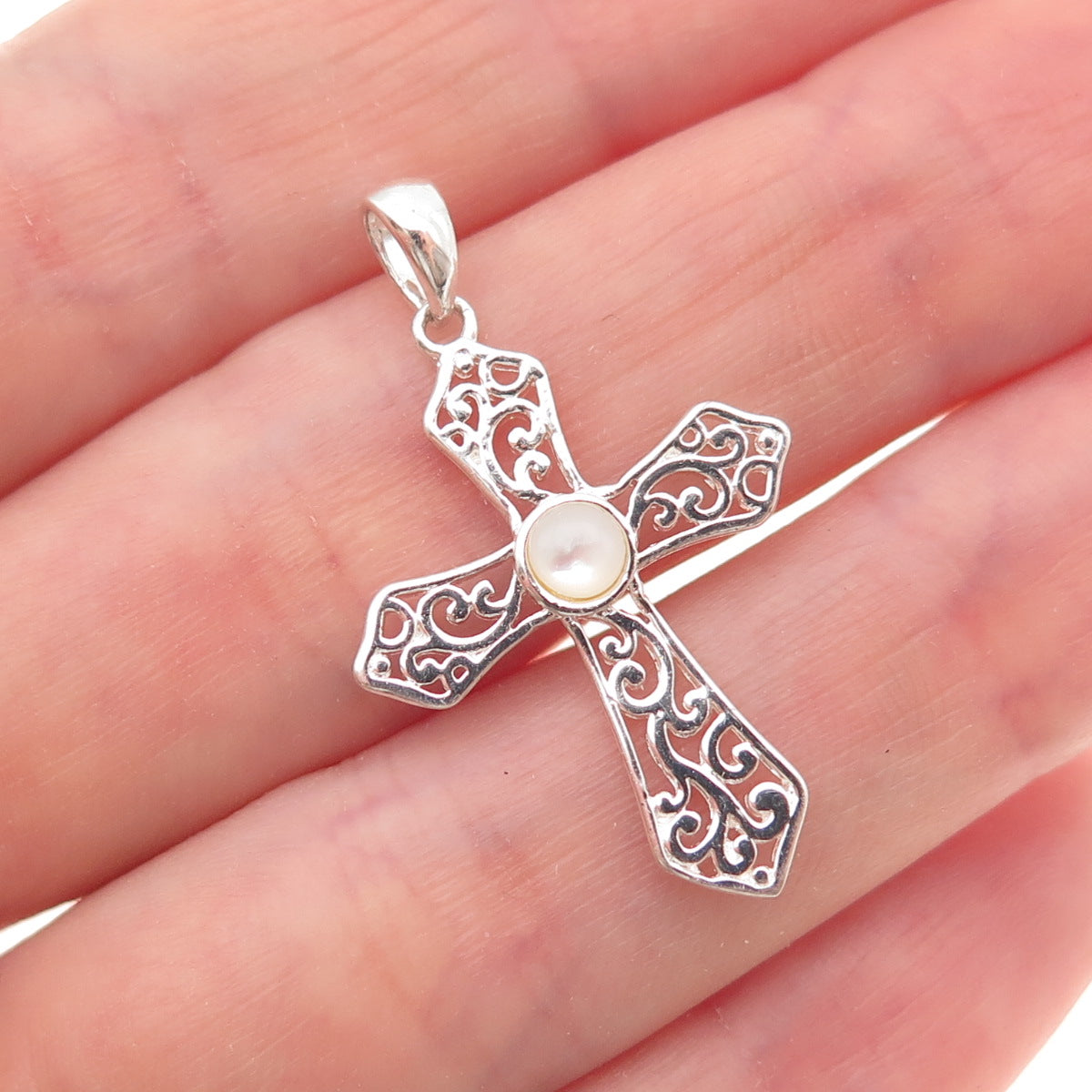 Charles Winston 925 Sterling Vintage Real MOP Floral Scroll Cross Charm Pendant
