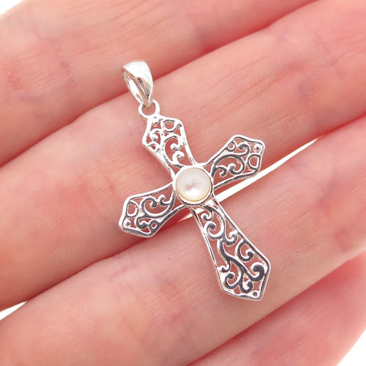 Charles Winston 925 Sterling Vintage Real MOP Floral Scroll Cross Charm Pendant