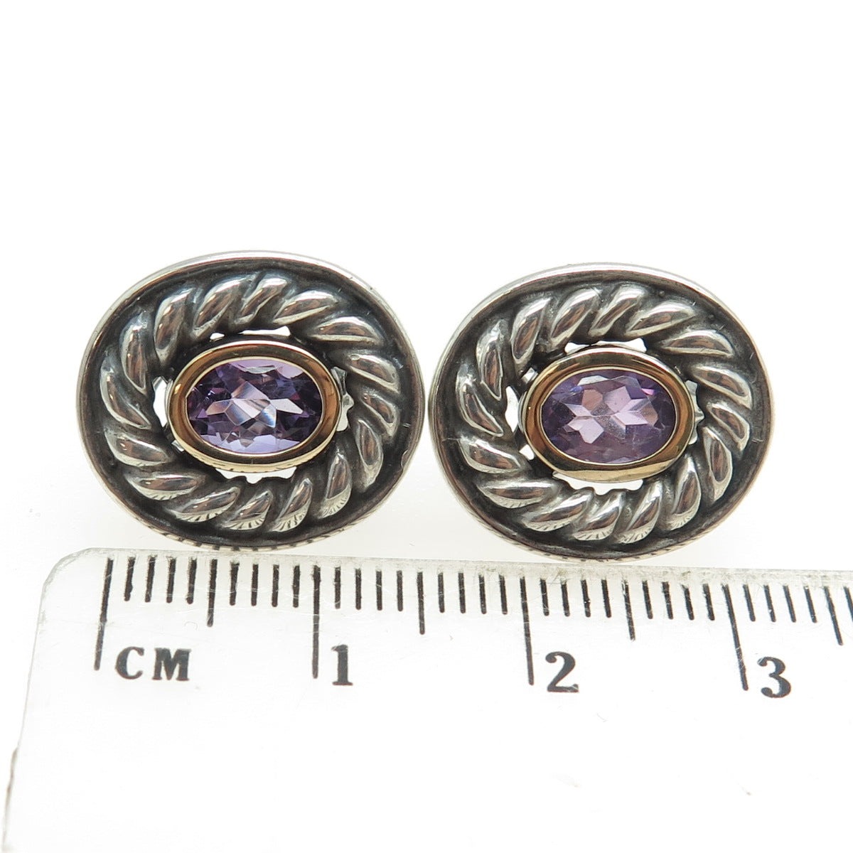 925 Sterling Silver & 14K Yellow Gold Vintage Real Amethyst Omega Back Earrings