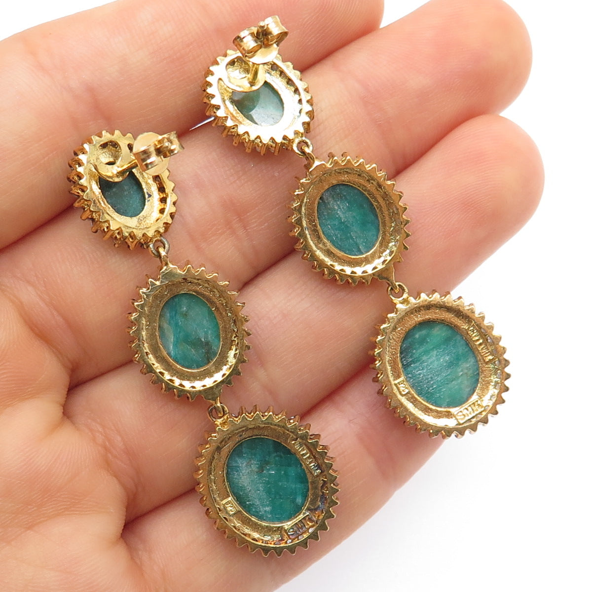 925 Sterling Silver Gold Plated Real Diamond & Emerald Dangle Earrings