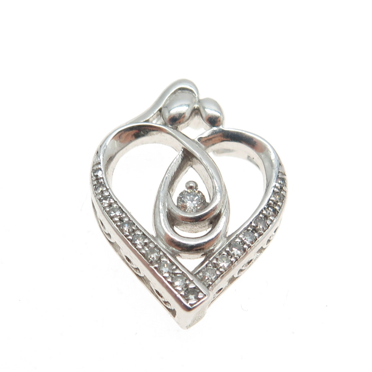 925 Sterling Silver Real Round-Cut Diamond Mom & Child Heart Slide Pendant