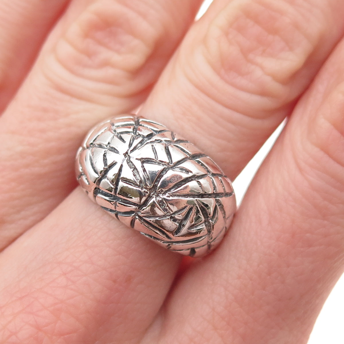 Charles Winston Sterling Silver Vintage Spider Web Oxidized Dome Ring Size 7.75