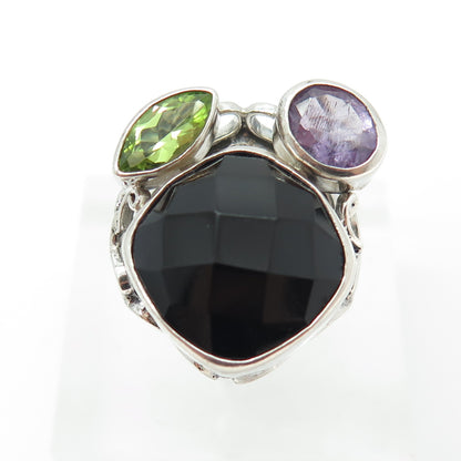 925 Sterling Silver Vintage Real Black Onyx Amethyst & Peridot Ring Size 5.5