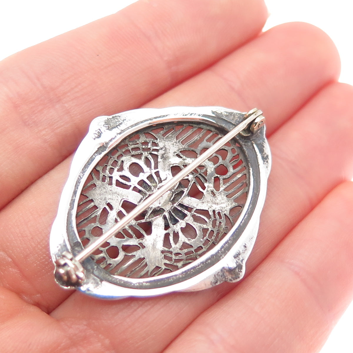 925 Sterling Silver Antique Art Deco Real Marcasite Filigree Oxidized Pin Brooch