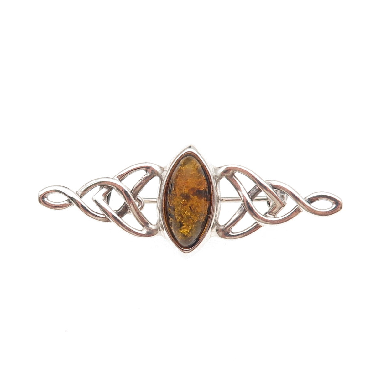 925 Sterling Silver Vintage Real Amber Celtic Knot Oxidized Pin Brooch