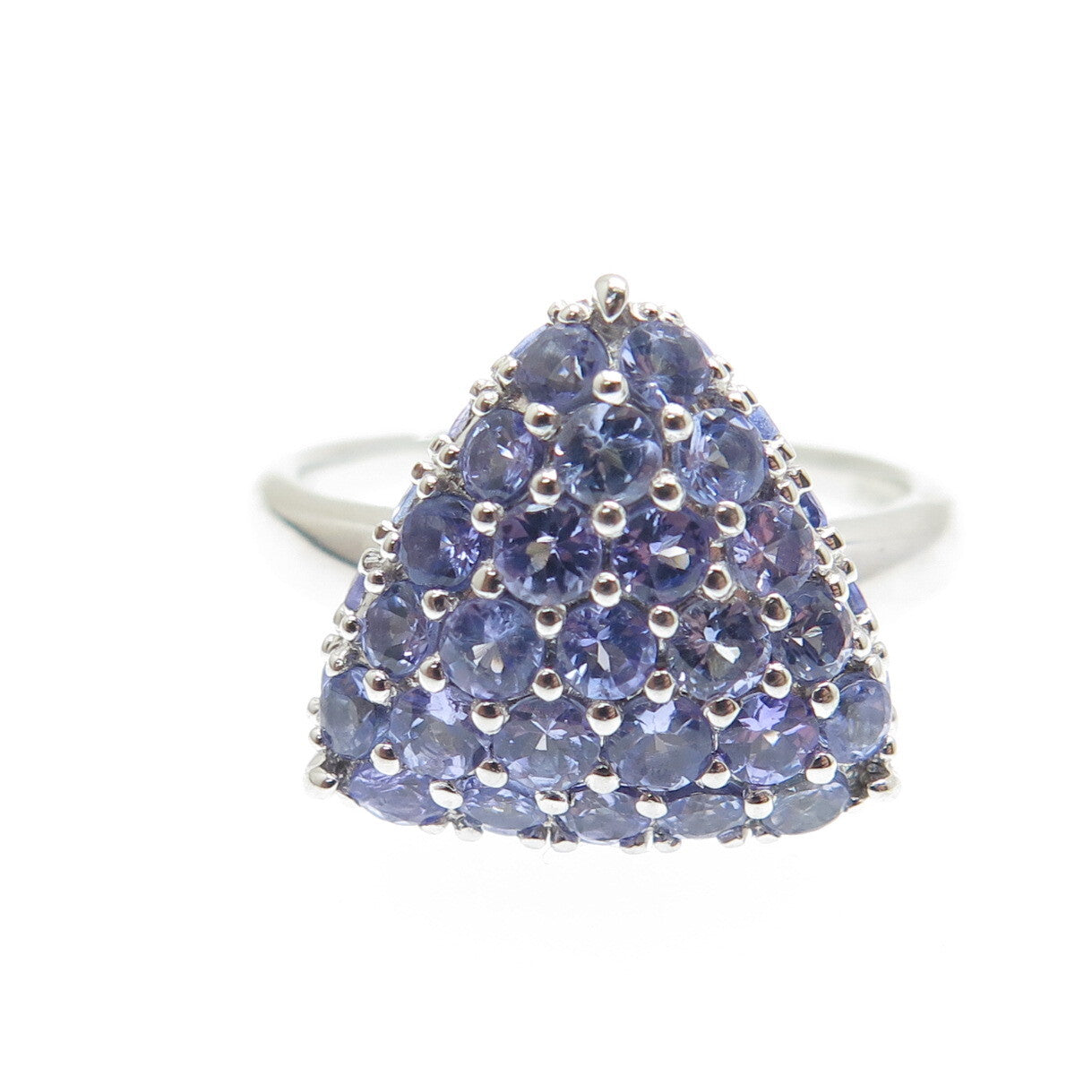 DSMK 925 Sterling Silver Real Round-Cut Tanzanite Triangle Ring Size 7.25