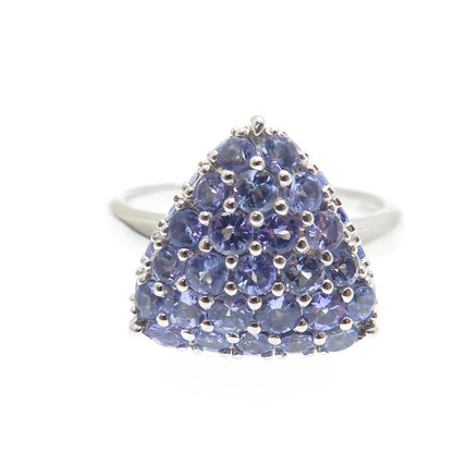 DSMK 925 Sterling Silver Real Round-Cut Tanzanite Triangle Ring Size 7.25