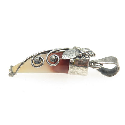 925 Sterling Silver Vintage Real Agate Floral Swirl Amulet Pendant