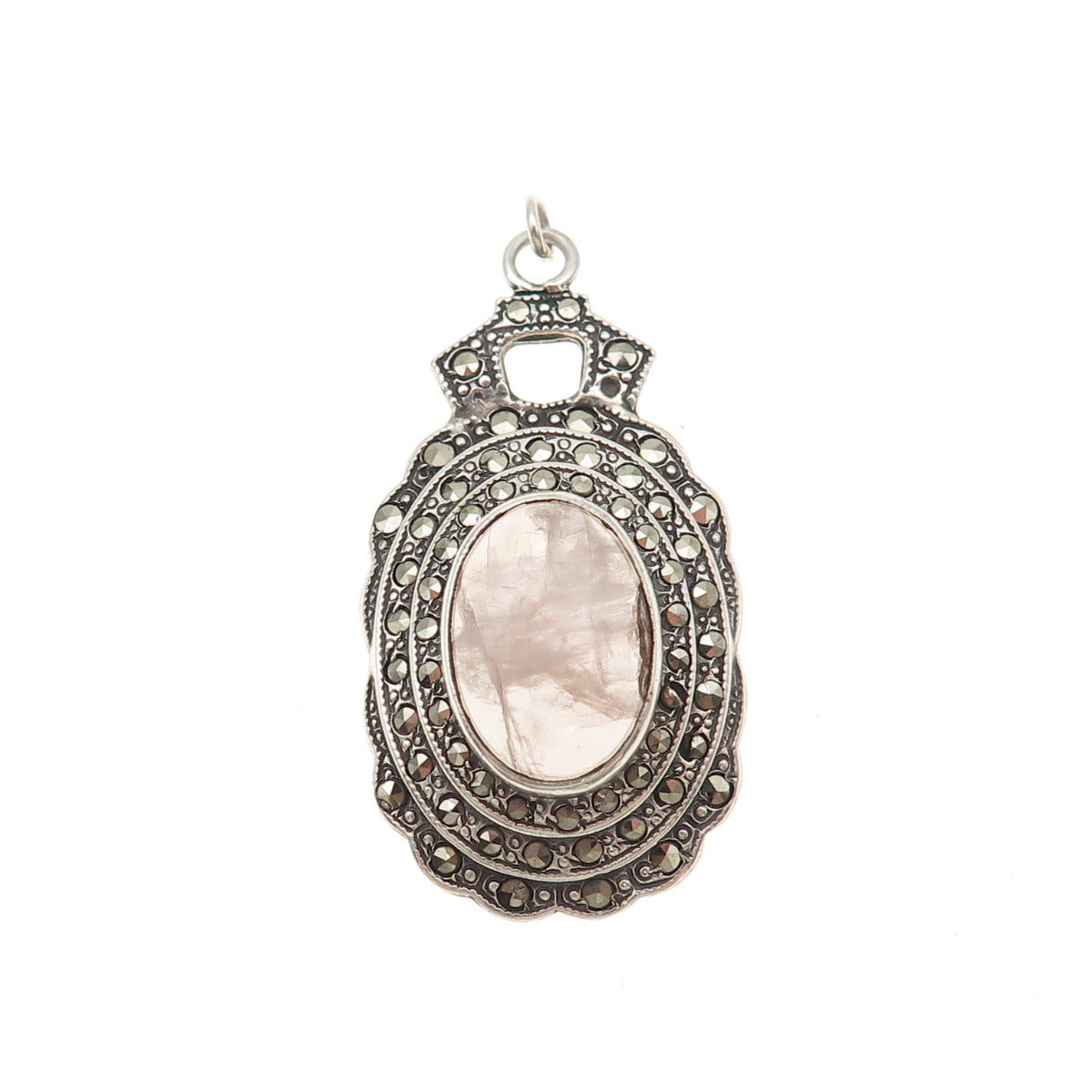 925 Sterling Silver Antique Art Deco Real Rose Quartz & Marcasite Charm Pendant