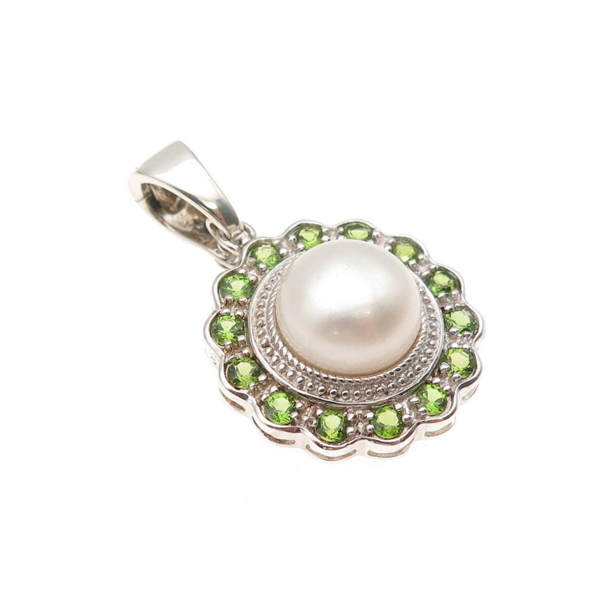 925 Sterling Silver Real Pearl & Round-Cut Peridot Charm Pendant