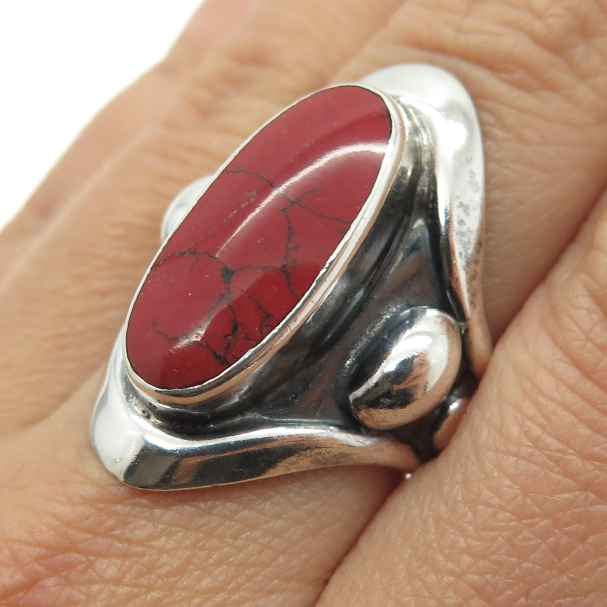 925 Sterling Silver Vintage Mexico Real Red Turquoise Gem Tribal Ring Size 8.25