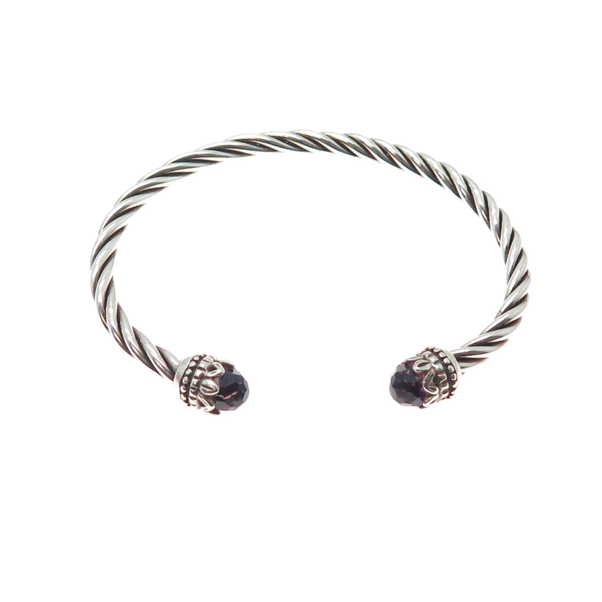 925 Sterling Silver Vintage Nano Amethyst Twisted Adjustable Cuff Bracelet 6"