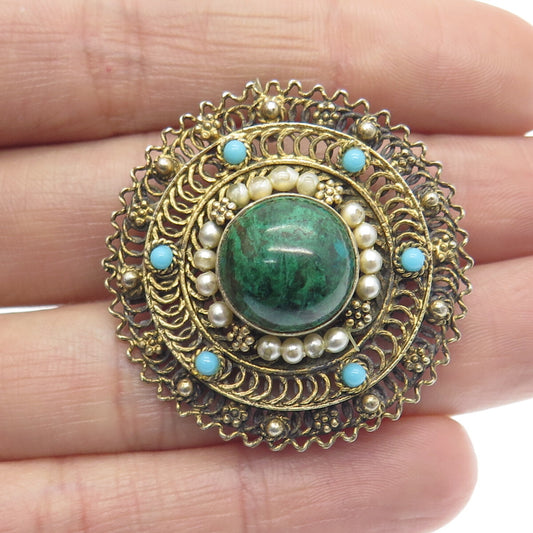 925 Sterling Gold Plated Vintage Israel Faux Pearl & Turquoise Eilat Pin Pendant