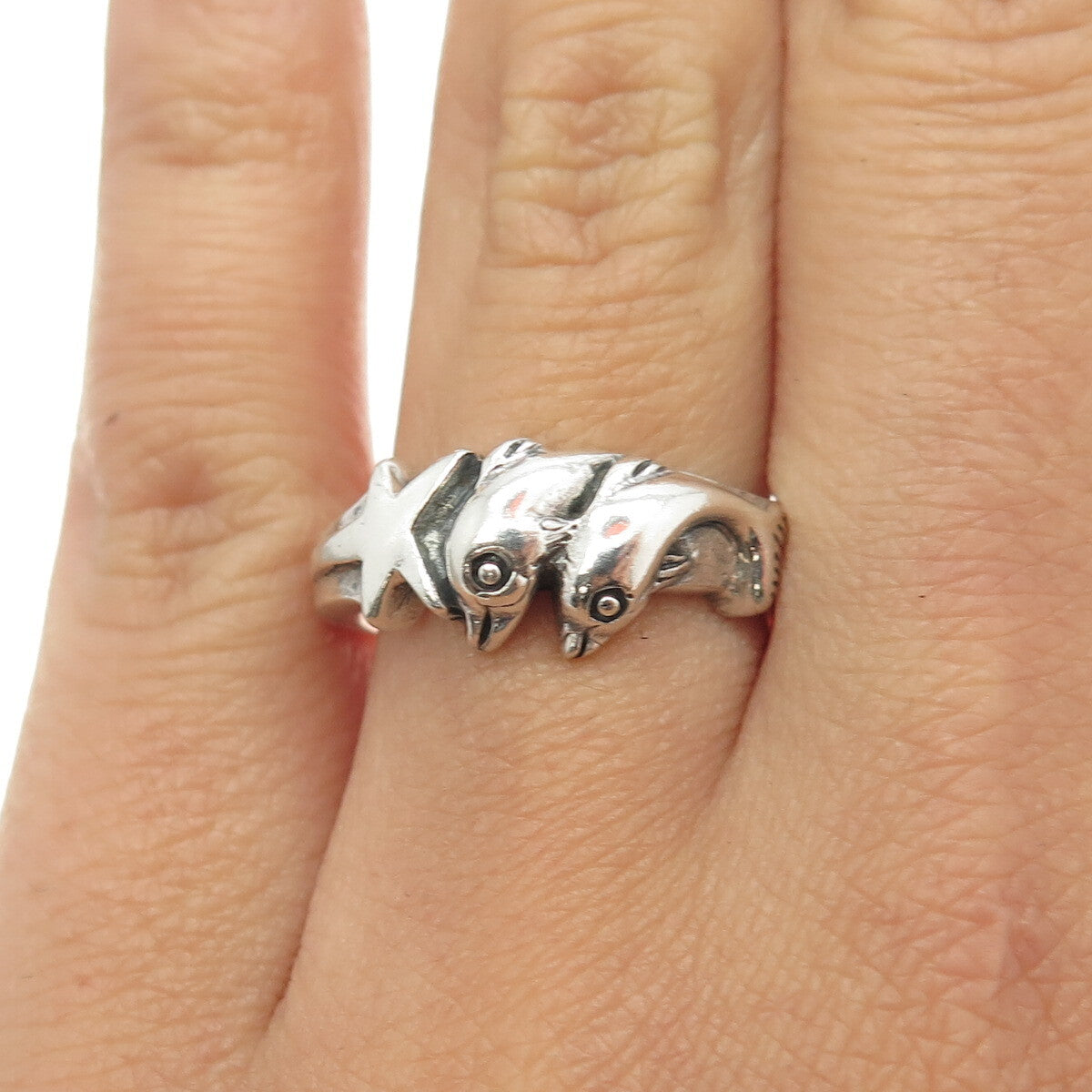 925 Sterling Silver Vintage Friendly Dolphin & Star Ring Size 6.75