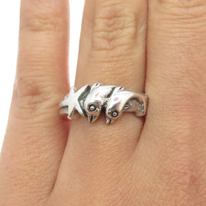 925 Sterling Silver Vintage Friendly Dolphin & Star Ring Size 6.75
