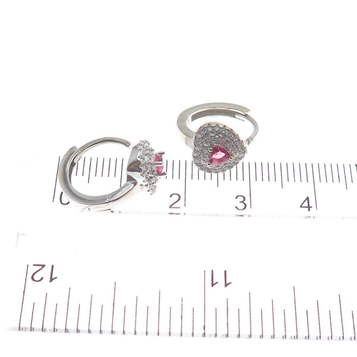 925 Sterling Silver Heart-Cut Pink & Round-Cut White C Z Hoop Earrings