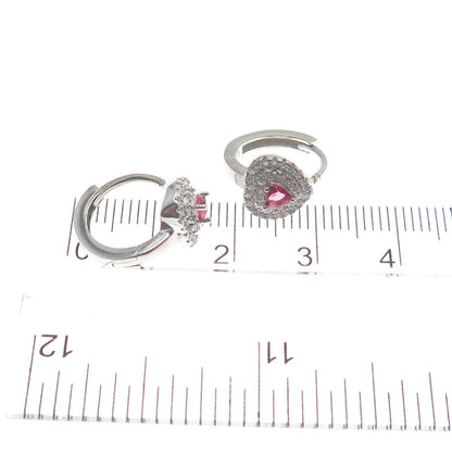 925 Sterling Silver Heart-Cut Pink & Round-Cut White C Z Hoop Earrings