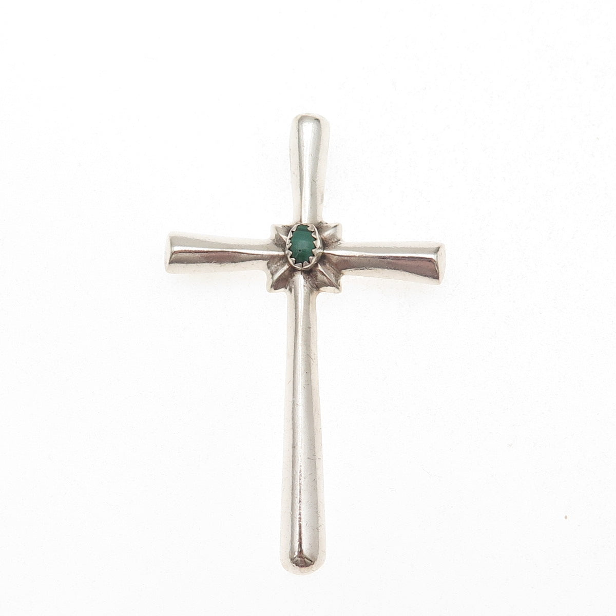 Old Pawn 925 Sterling Silver Vintage Malachite Cross Tribal Pin Brooch / Pendant