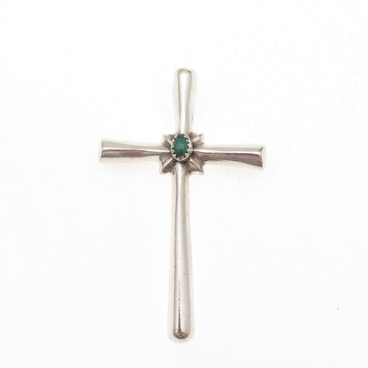 Old Pawn 925 Sterling Silver Vintage Malachite Cross Tribal Pin Brooch / Pendant