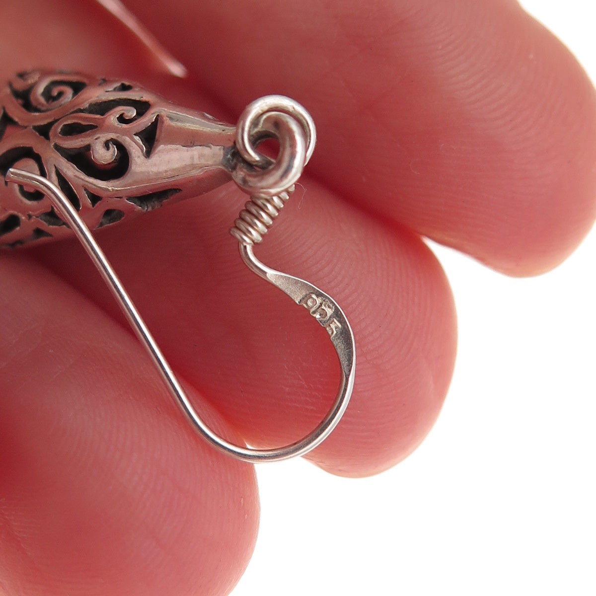 925 Sterling Silver Vintage Floral Scroll Teardrop Oxidized Dangle Earrings