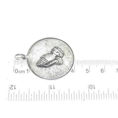 925 Sterling Silver Vintage Hands In Prayer Religious Oxidized Round Pendant
