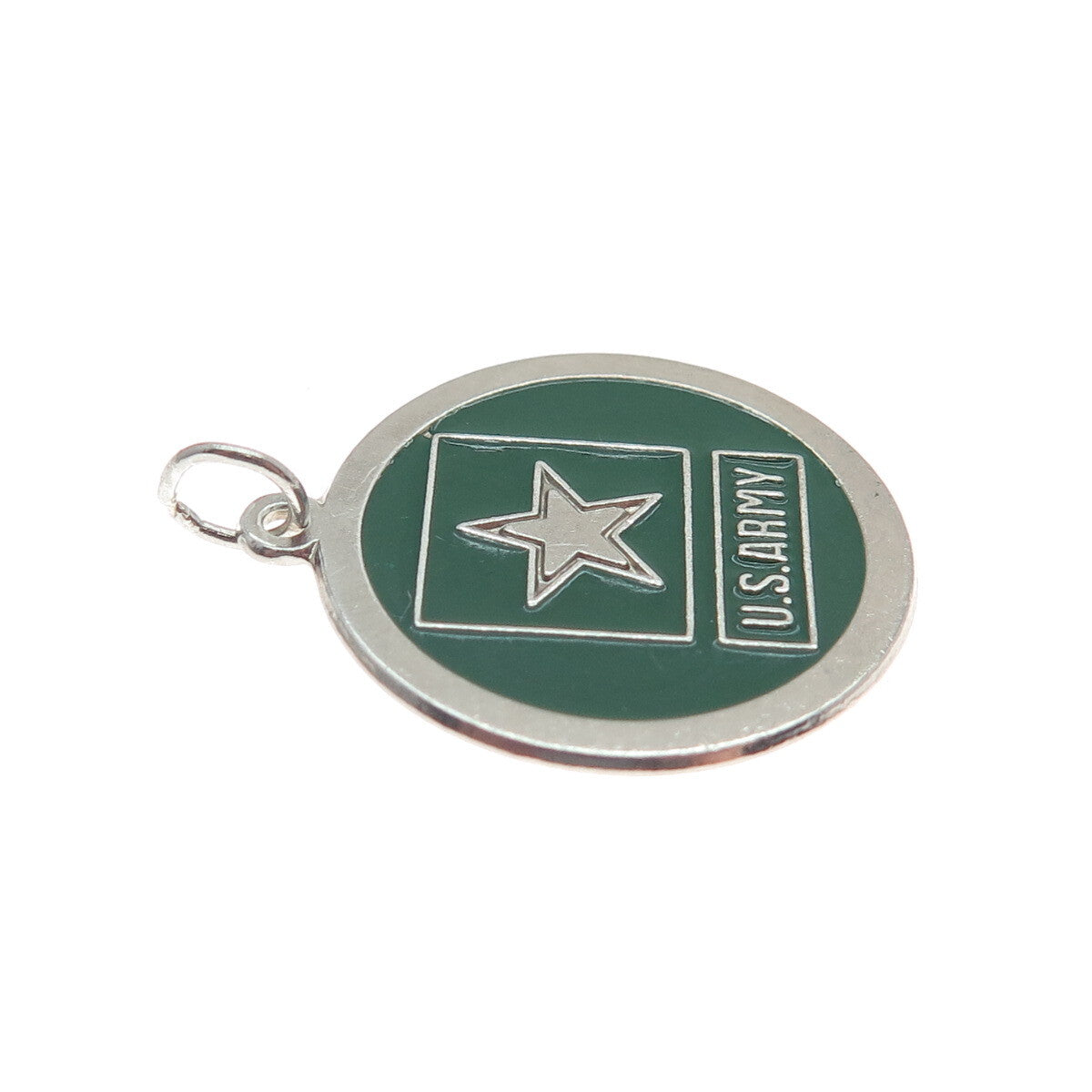 925 Sterling Silver Vintage Enamel US Army Star Round Dog Tag Charm Pendant