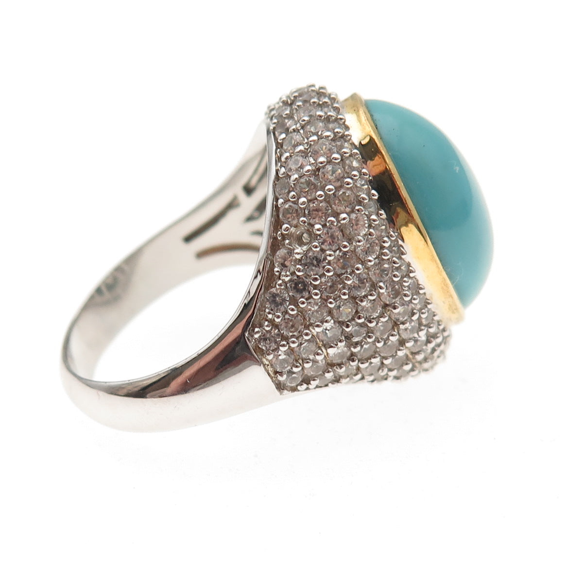 925 Sterling Silver 2-Tone Real Turquoise & White Topaz Ring Size 8.25