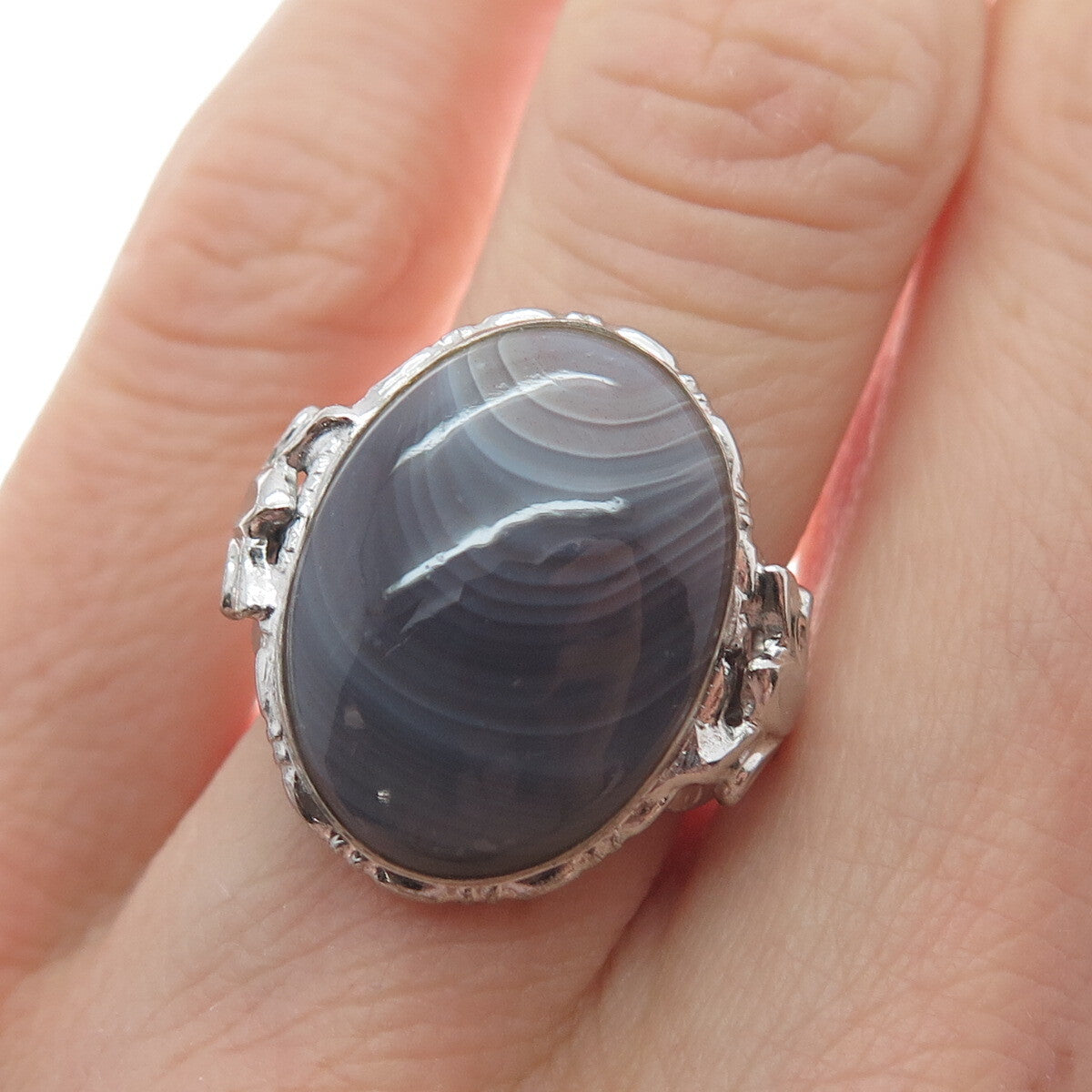 UNCAS 925 Sterling Silver Vintage Real Gray Lace Agate Gemstone Ring Size 4.5