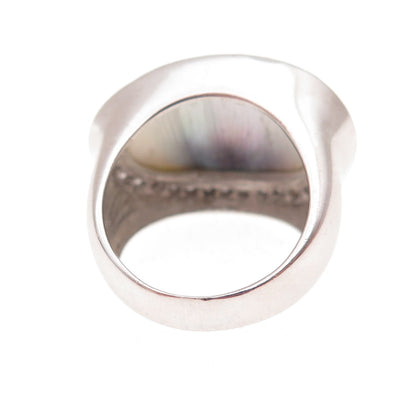 925 Sterling Silver Real Abalone Shell & C Z Modernist Ring Size 7.25