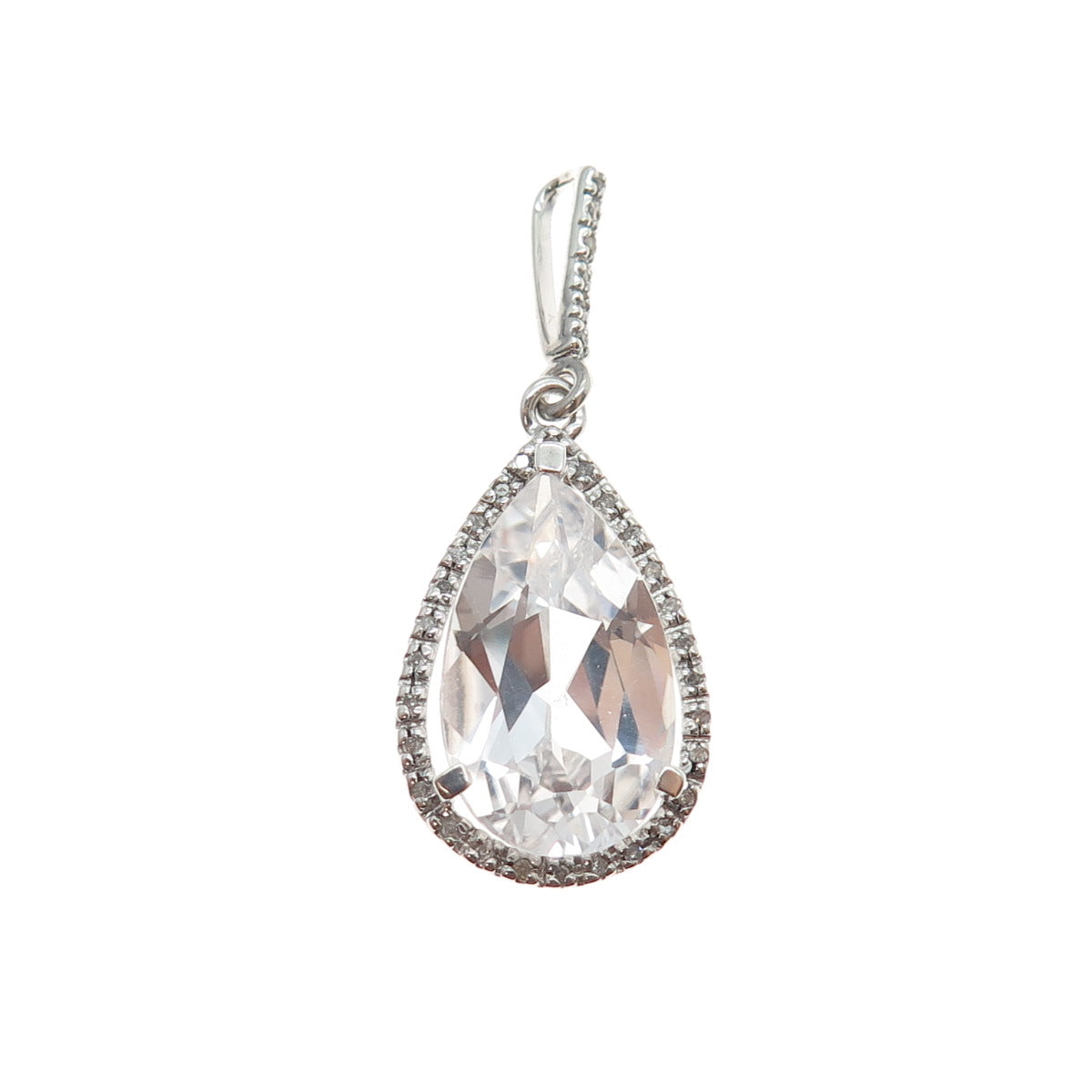 925 Sterling Silver Real Round-Cut Diamond & Pear-Cut White Topaz Charm Pendant