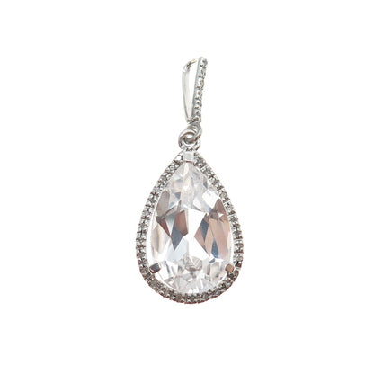 925 Sterling Silver Real Round-Cut Diamond & Pear-Cut White Topaz Charm Pendant