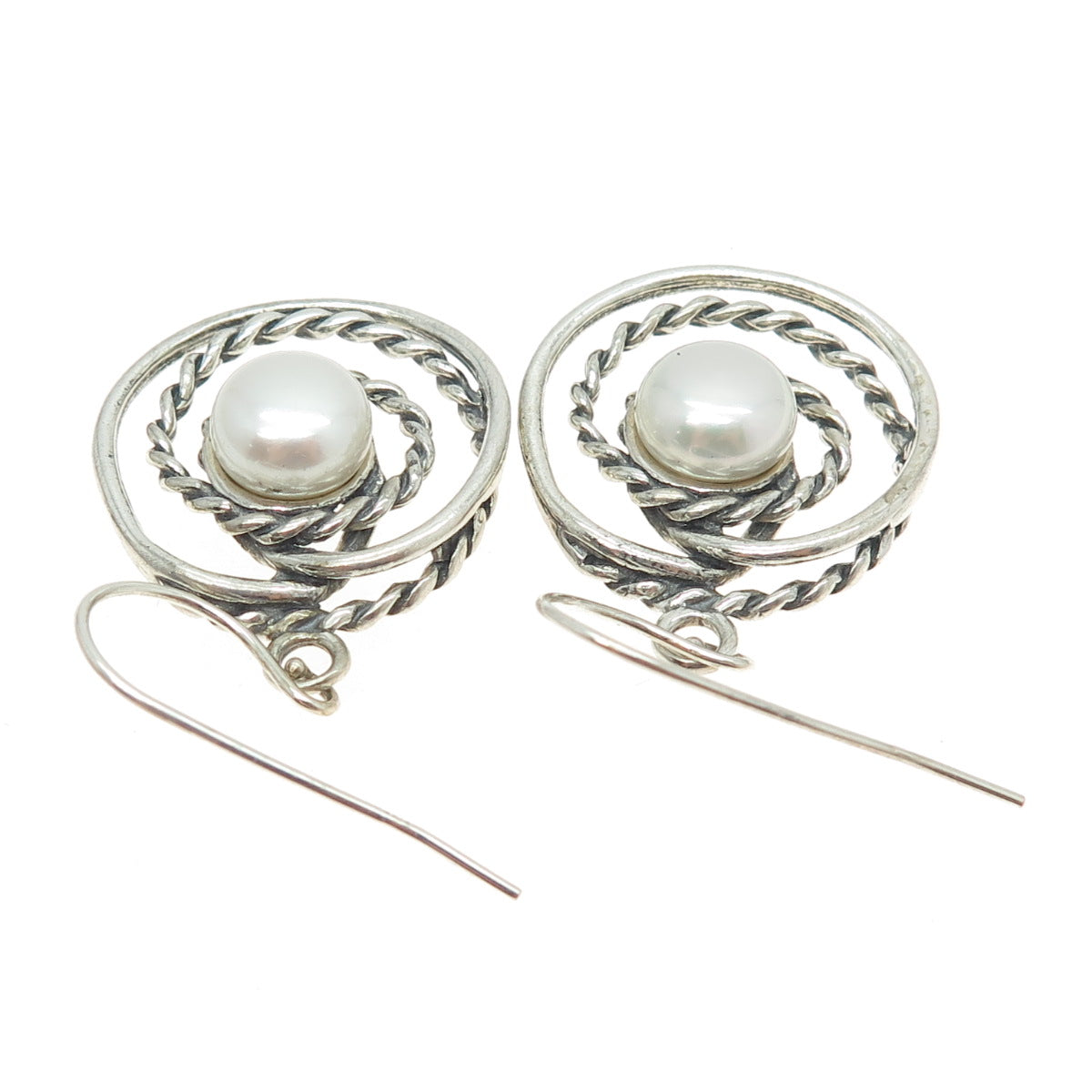 OR PAZ PZ 925 Sterling Silver Vintage Israel Real Pearl Modernist Roped Earrings