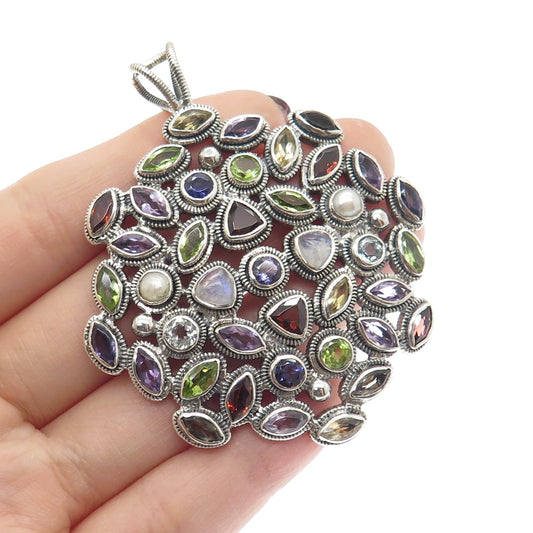 925 Sterling Silver Vintage Pearl Amethyst Peridot Garnet Topaz Gem Pendant