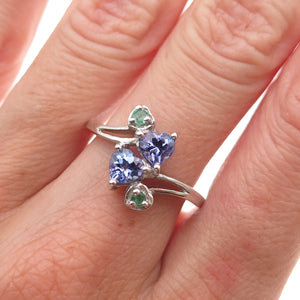Chuck Clemency 925 Sterling Silver Real Tanzanite & Emerald Heart Ring Size 8