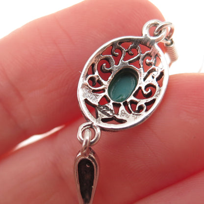 925 Sterling Silver Vintage Real Turquoise Floral Oxidized Dangle Earrings